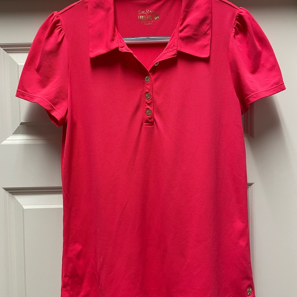 Lilly Pulitzer Red-Orange Fitted Puff Sleeve Polo; Medium
